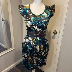 Teeze Me Floral Belted Ruffle Cap Sleeve Mini Dress, Size 5